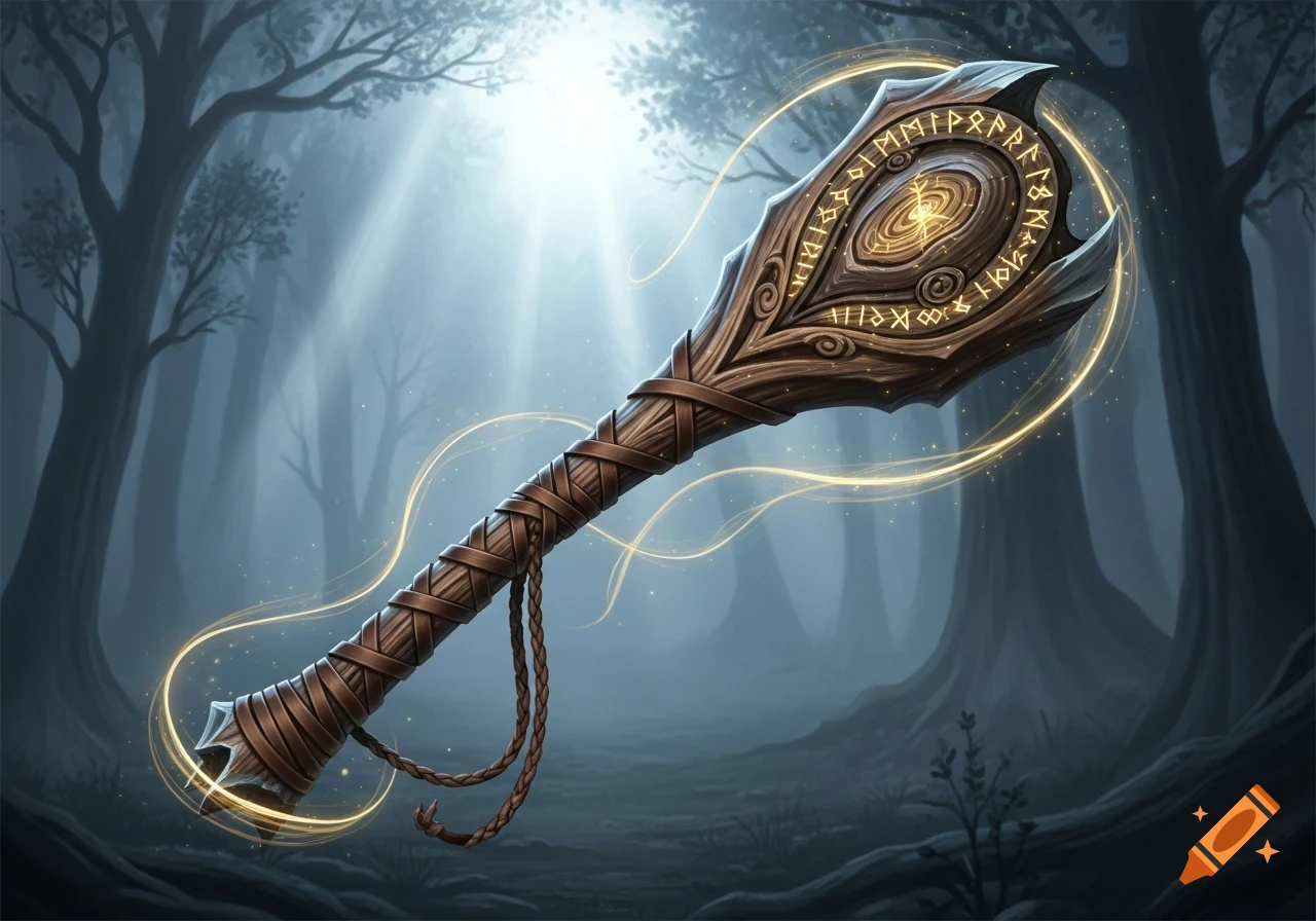 A detailed wooden magic staff with glowing runes and a central swirling light, wrapped in leather, in a misty fantasy forest with light rays.