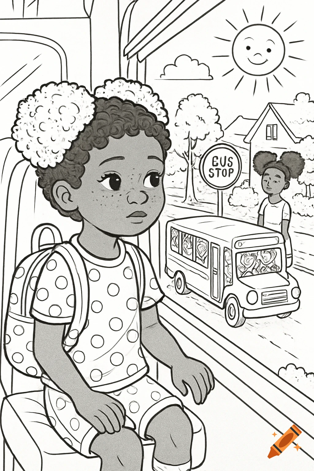 Coloring page of an African American girl with freckles looking out a school bus window, her mother at a bus stop.