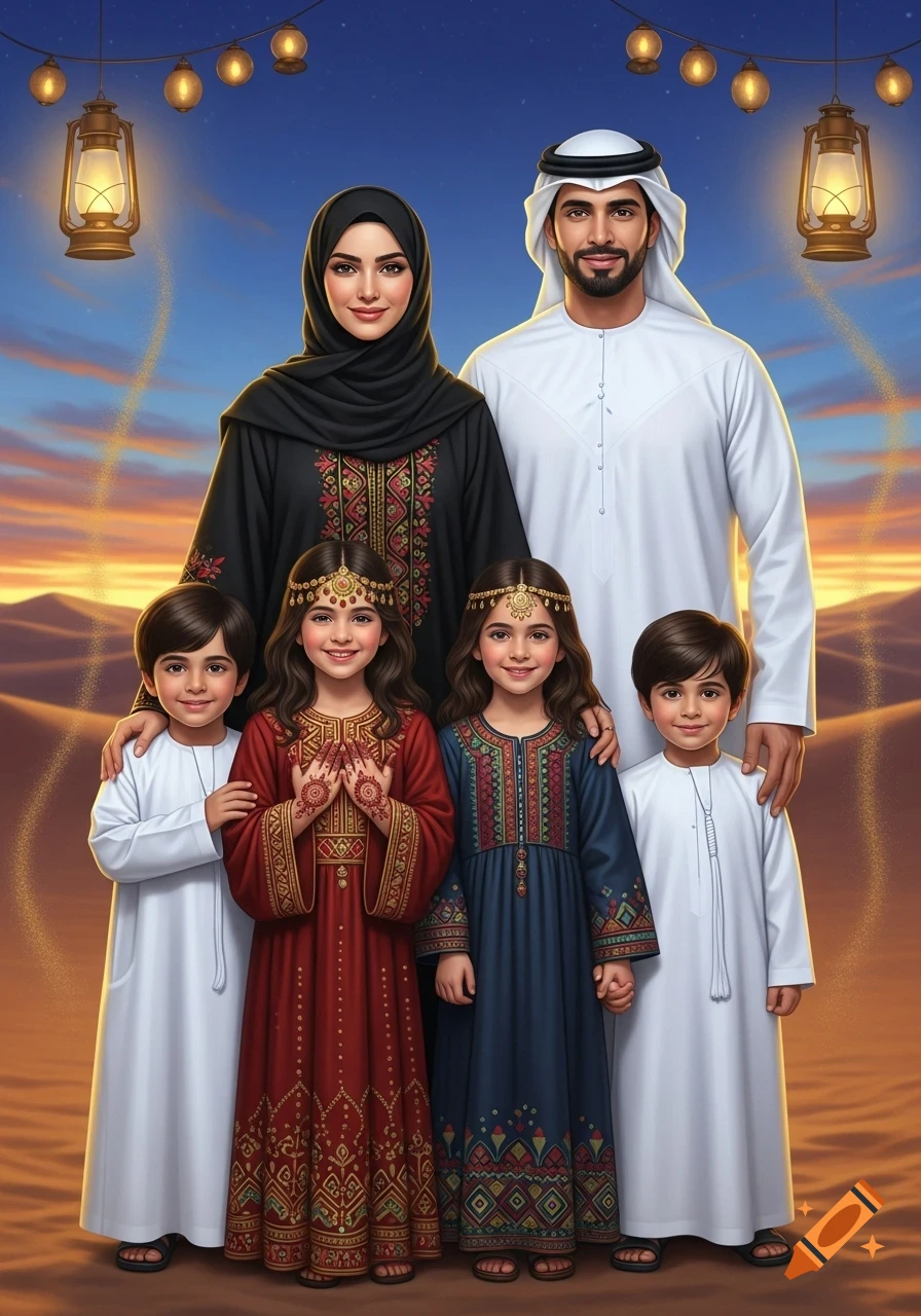 A modest Arab family, parents and four children, dressed in traditional attire, standing in a desert landscape under hanging lanterns at dusk.