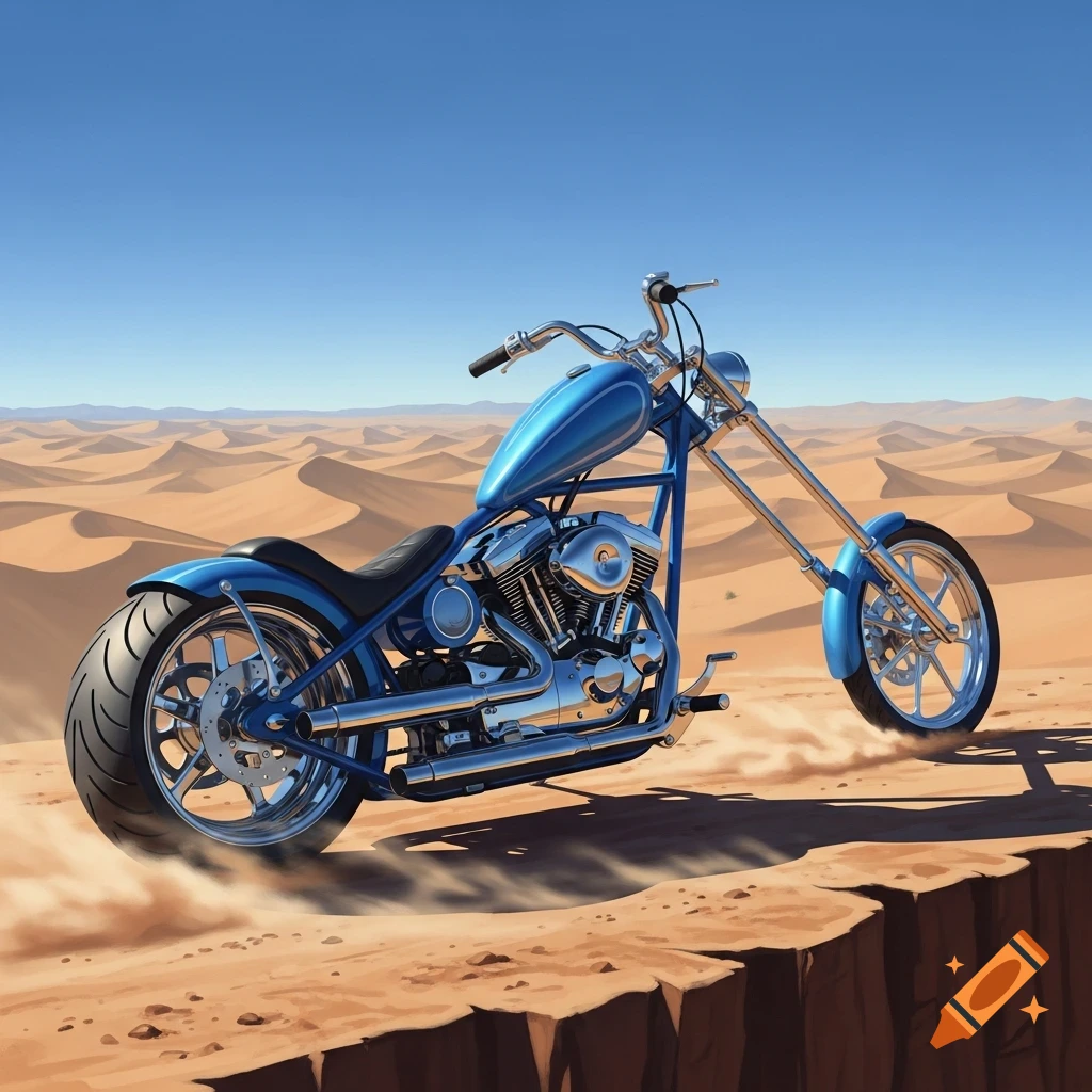 A shiny blue chopper motorcycle with chrome details sits on the edge of a sandy cliff, overlooking vast desert dunes under a clear blue sky.