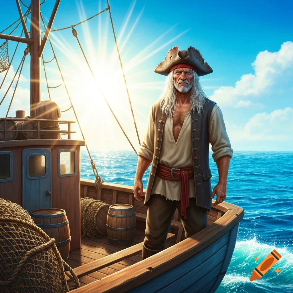 A grizzled pirate with long white hair and a worn hat stands on a fishing boat at sea under a bright sun. Realistic illustration.