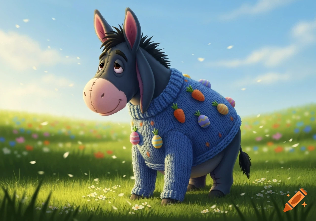 Eeyore from Winnie the Pooh in a blue Easter sweater decorated with carrots and eggs, standing in a sunny green field.