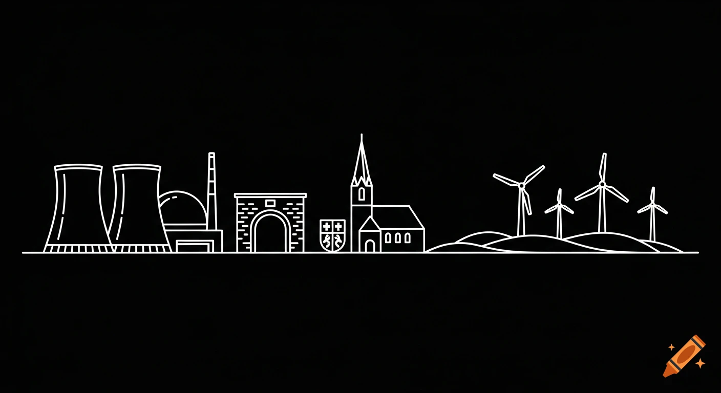 A minimalistic white line art panorama on a black background, featuring nuclear cooling towers, a stone archway, a church, and wind turbines on hills.