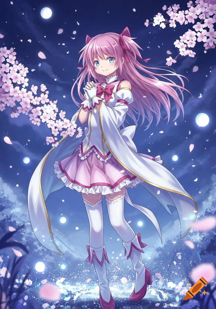 Anime girl with pink hair and blue eyes, wearing a white and pink magical girl outfit, standing under cherry blossoms at night with multiple moons.