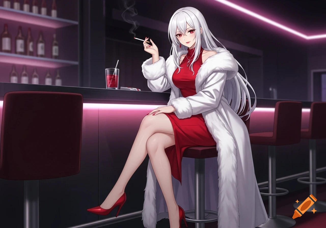 Anime woman with long white hair and red eyes, wearing a red dress and white fur coat, smoking at a bar.