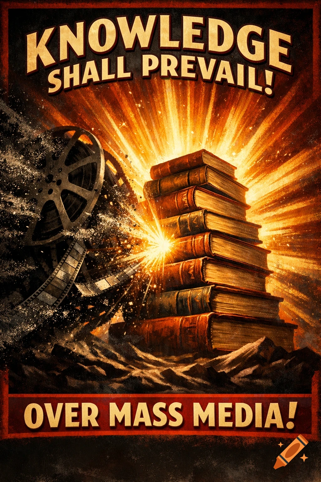 Dramatic propaganda poster with a glowing stack of books overpowering a disintegrating film reel. Bold text reads 'Knowledge Shall Prevail! Over Mass Media!'.