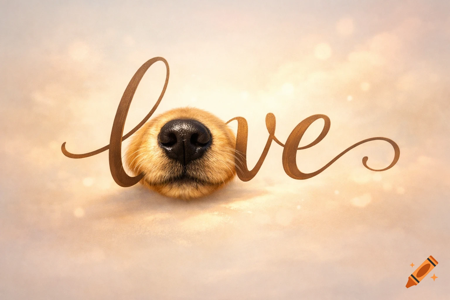 The word 'love' in cursive, with a dog's snout as the 'o', on a soft, warm background.