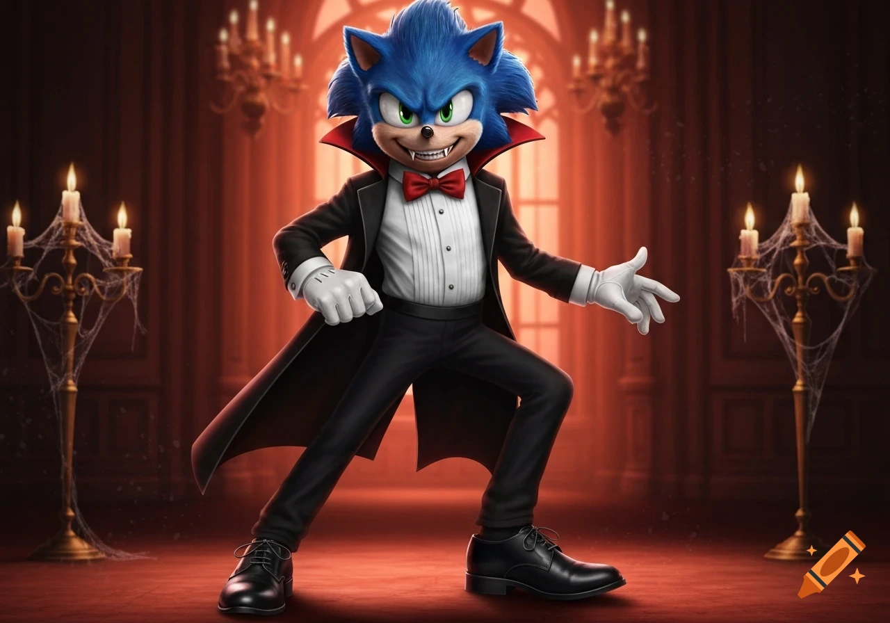 An illustrated Sonic the Hedgehog in a vampire costume with fangs, black jacket, red bow tie, and white gloves, stands in a spooky manor.
