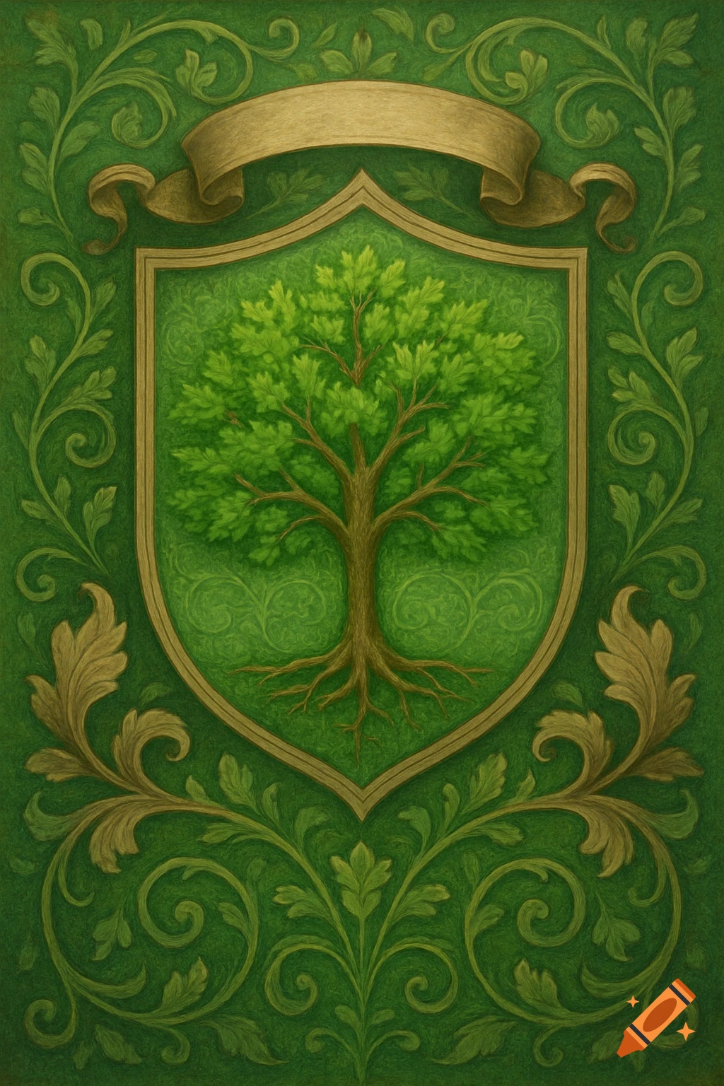 Ornate green and gold illustration of a tree of life within a shield, surrounded by decorative foliage and a blank banner.