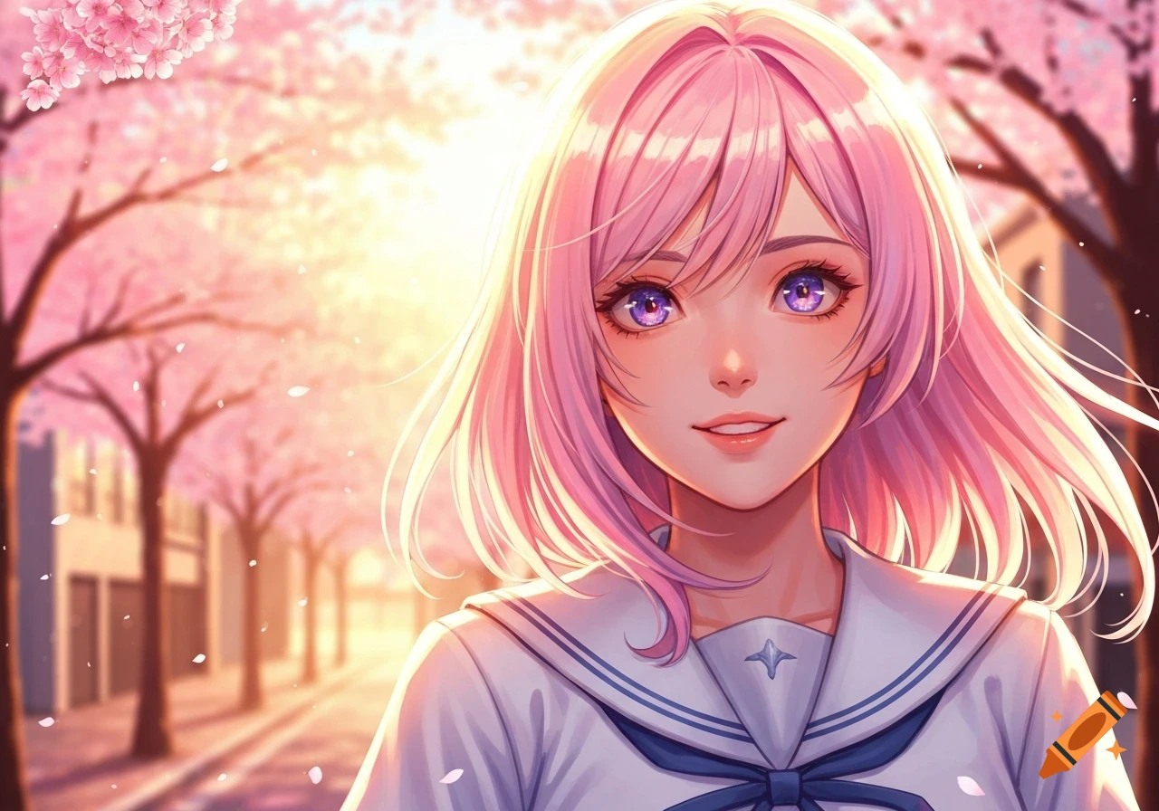 A smiling anime girl with pink hair and purple eyes, wearing a sailor ...