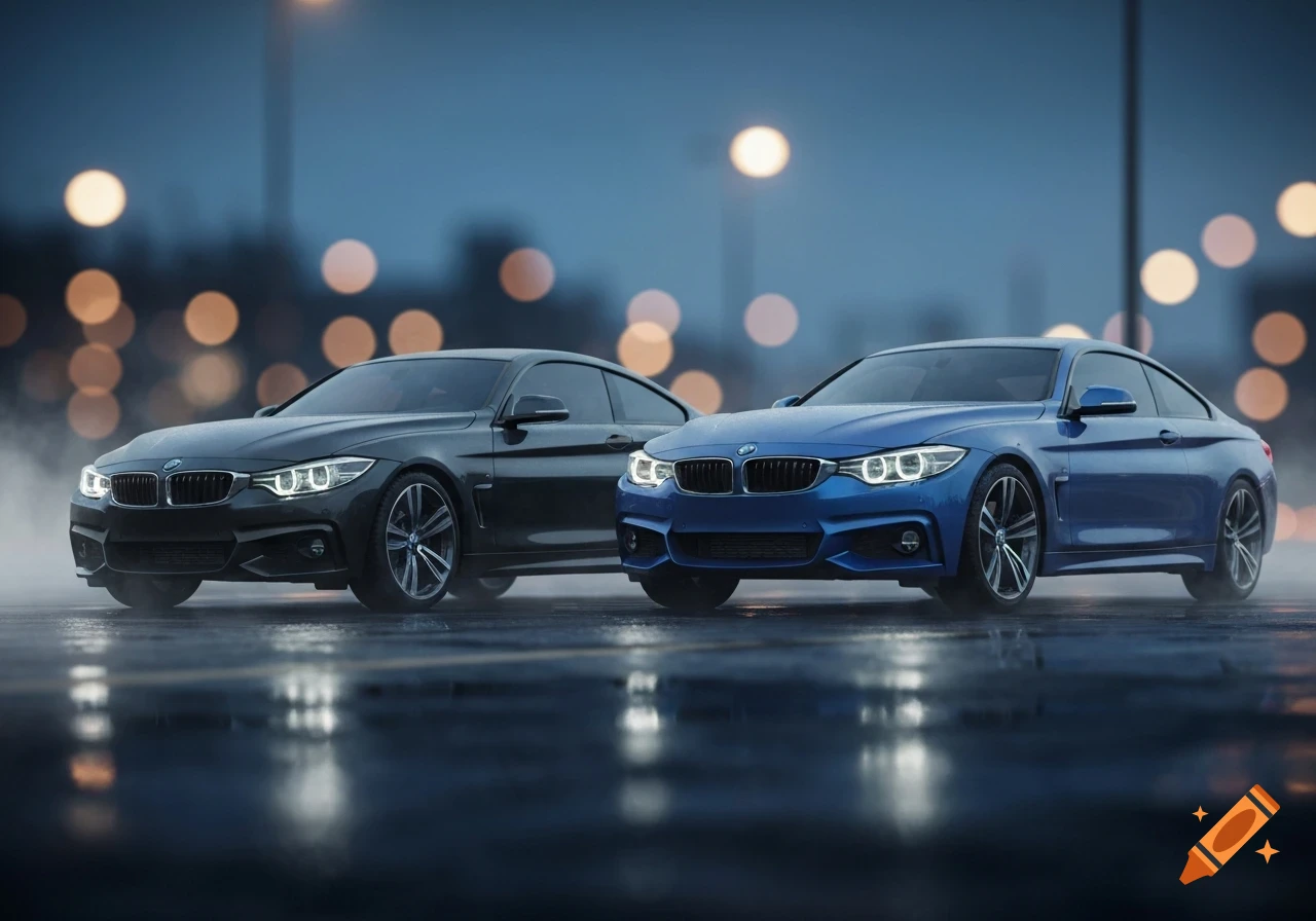 A black BMW coupe and a blue BMW coupe are parked side-by-side on a wet road at night with blurred city lights.