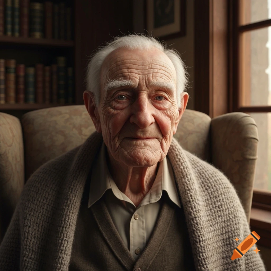 A photorealistic close-up portrait of an elderly man with white hair and wrinkled skin, sitting in an armchair with a blanket.