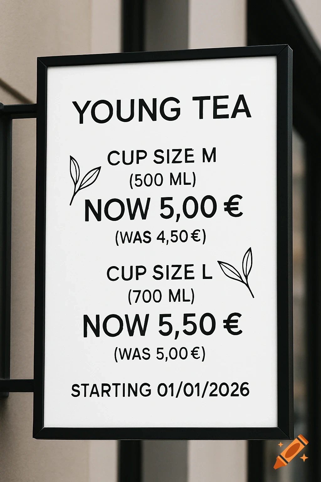 A white sign with a black frame for Young Tea, displaying prices: Cup Size M (500 ML) is now 5.00 euros, and Cup Size L (700 ML) is now 5.50 euros, effective 01/01/2026.