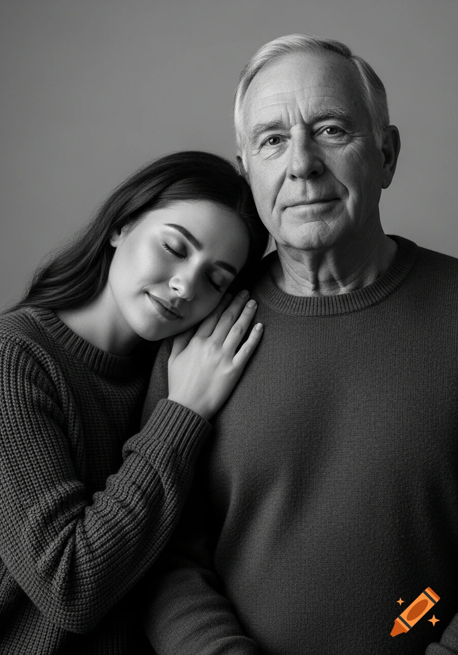 Black and white portrait of a young woman resting her head on an older man's shoulder, conveying affection and peace.