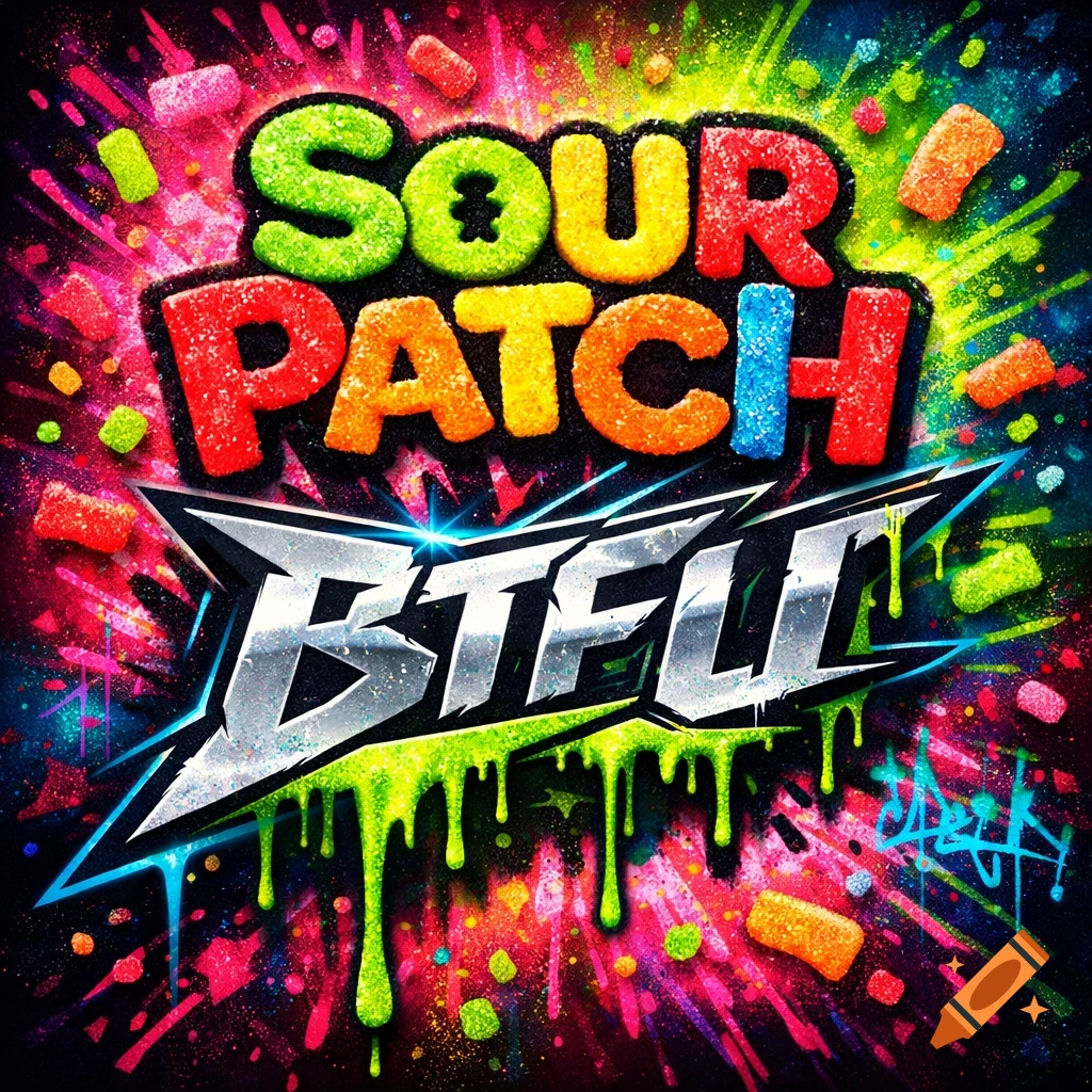 A vibrant graphic logo with candy-like 'SOUR PATCH' text over a metallic 'BTFU' with green slime drips, on a colorful splattered background.
