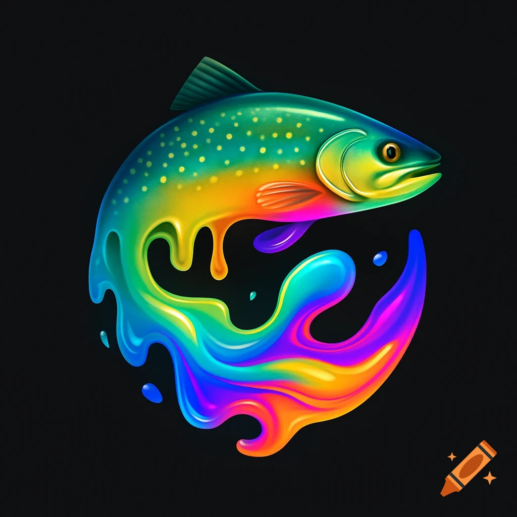A vibrant, rainbow-colored brook trout logo merging into dripping, swirling liquid against a black background.