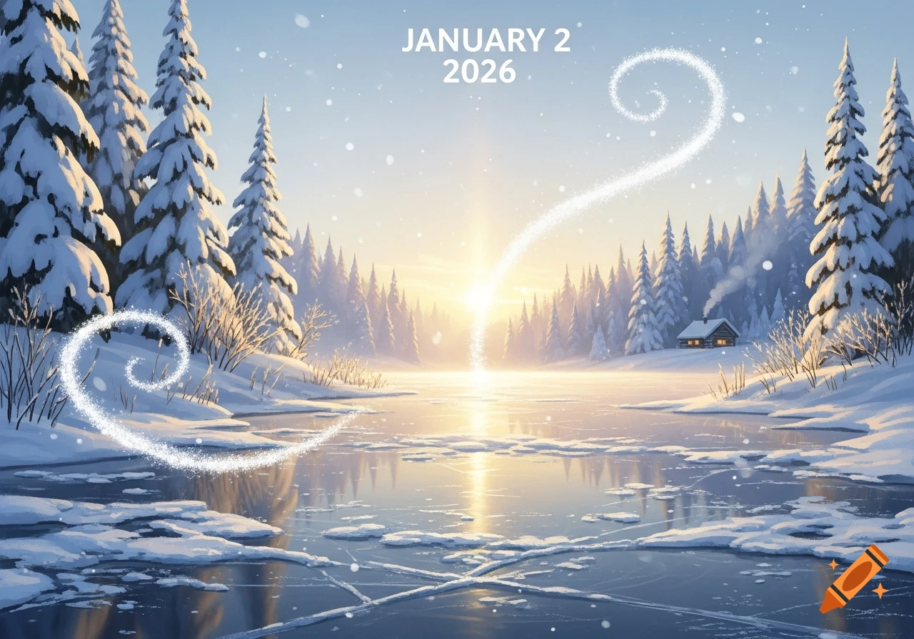 Winter landscape with snow-covered trees, frozen lake, glowing sunrise, and a cabin. Text 'JANUARY 2 2026'.