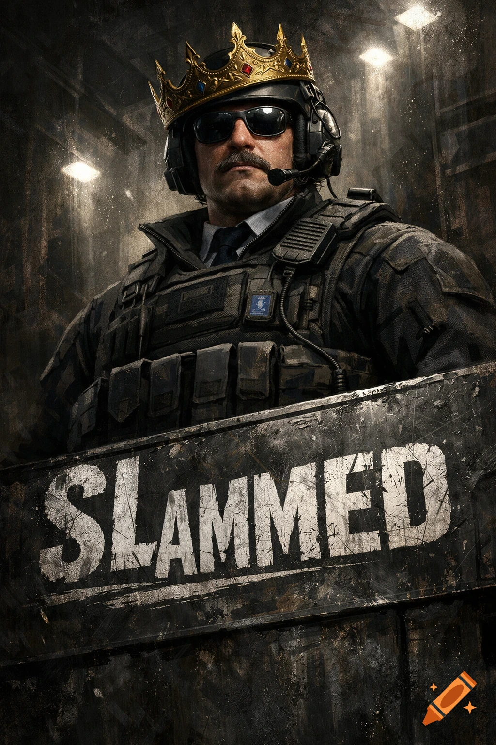 A man in tactical gear wearing a gold crown and sunglasses holds a distressed sign that reads 'SLAMMED' in a dark, gritty setting.