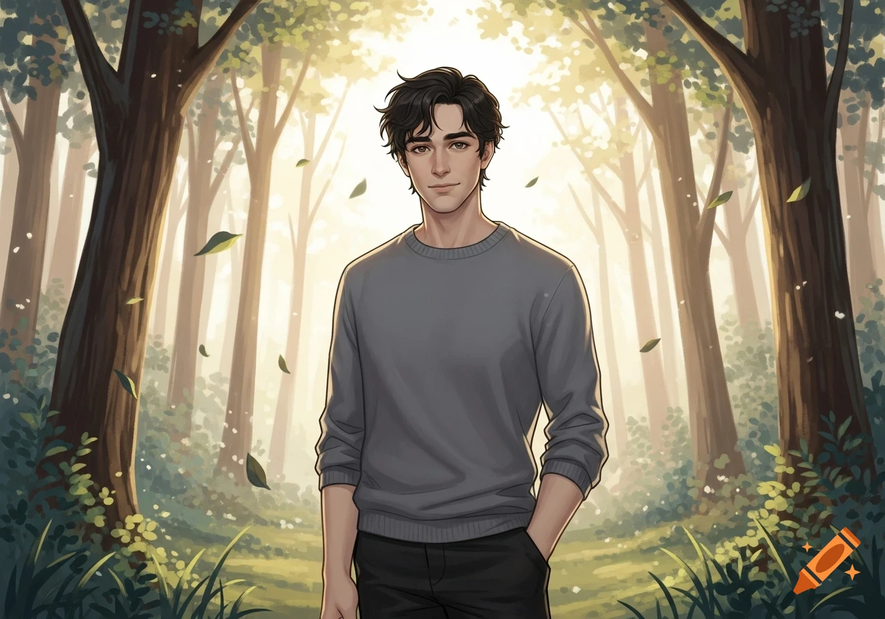 A man with dark wavy hair stands with hands in pockets in a sunlit forest clearing, digital art.