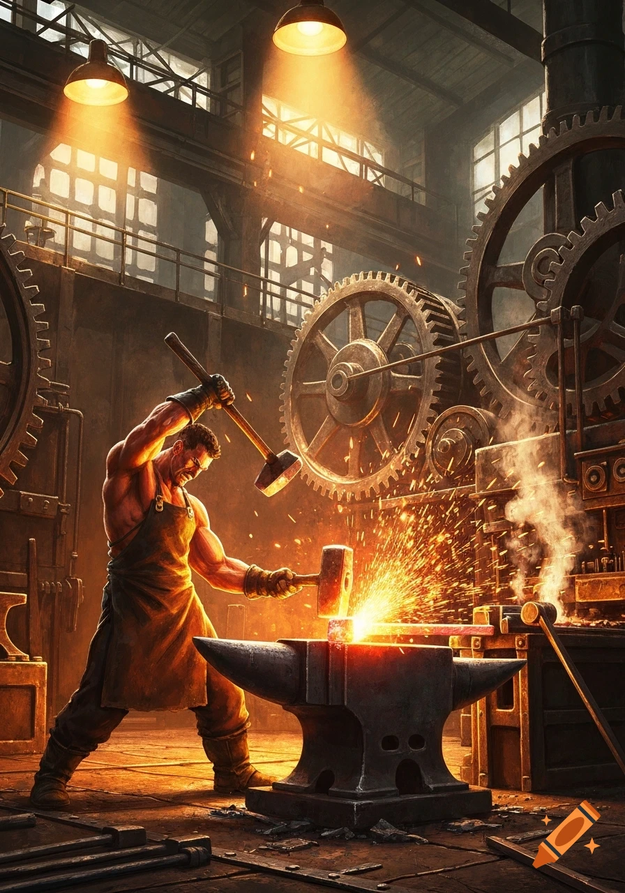 A muscular blacksmith powerfully hammers hot metal on an anvil, sending sparks flying in a dramatically lit industrial forge with large gears.