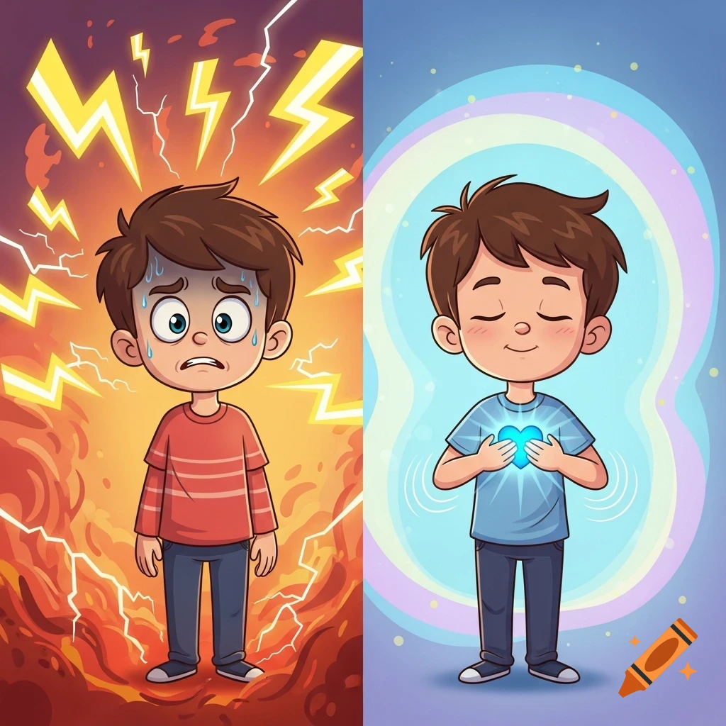 Cartoon boy showing transformation from anxiety (sweating, lightning) to peace (calm, glowing heart aura) in a split image.