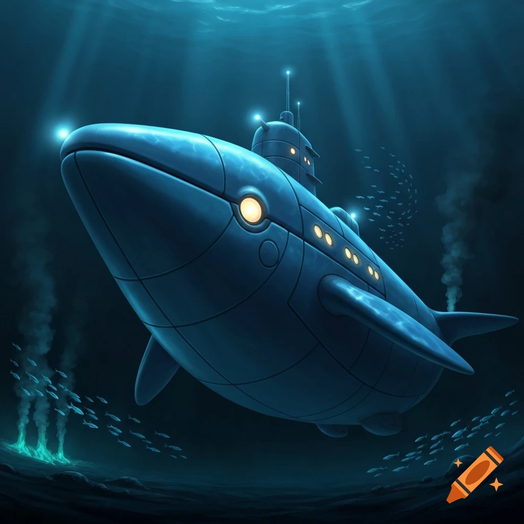 A blue, whale-shaped submarine with glowing windows descends in a deep-sea environment, illuminated by sunbeams.