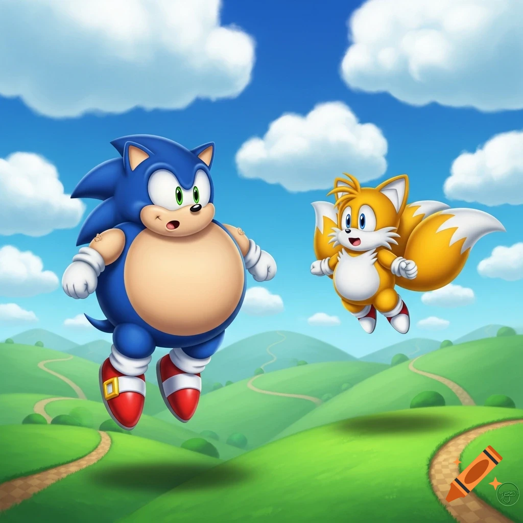 An inflated, round Sonic the Hedgehog floats next to a similarly inflated Tails in a bright cartoon landscape with green hills and a blue sky with clouds.