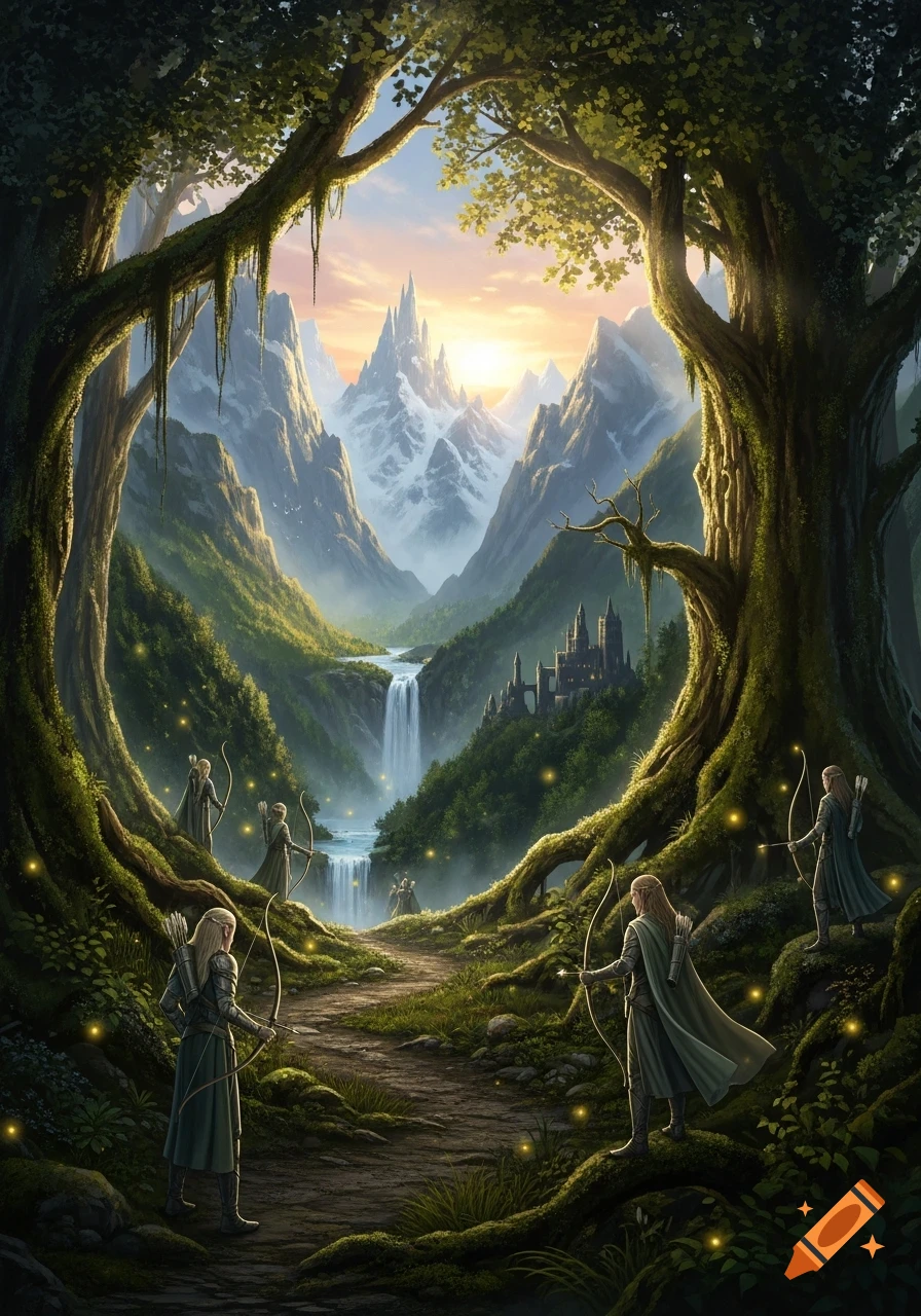 A vibrant fantasy landscape with ancient trees framing a path, elven archers, a waterfall, snow-capped mountains, and a distant castle under a glowing sunset.