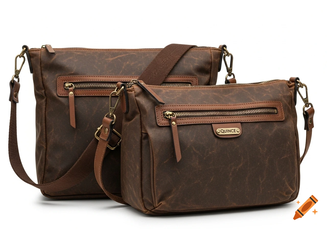 Two brown waxed canvas shoulder bags with leather accents and zippers against a white background.