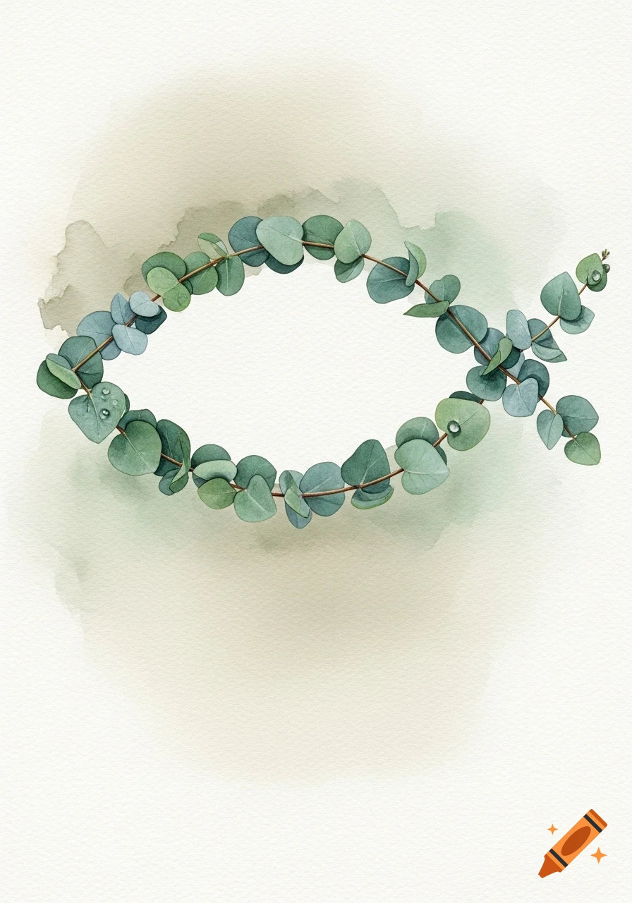Watercolor illustration of green eucalyptus branches forming the outline of a Christian fish symbol on a light background.