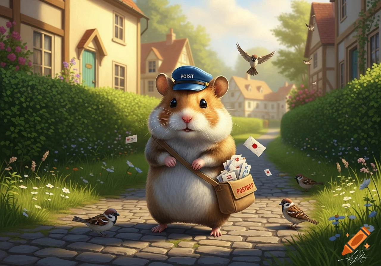 A cute, fluffy hamster wearing a blue postman's hat and carrying a satchel filled with letters walks along a cobblestone path in a whimsical village, surrounded by sparrows and lush greenery.