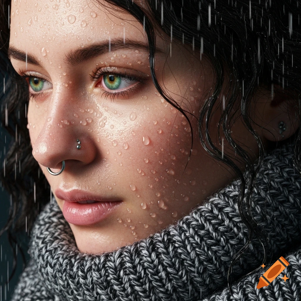 Hyperrealistic close-up of a pensive woman's face covered in raindrops, wearing a chunky gray turtleneck.