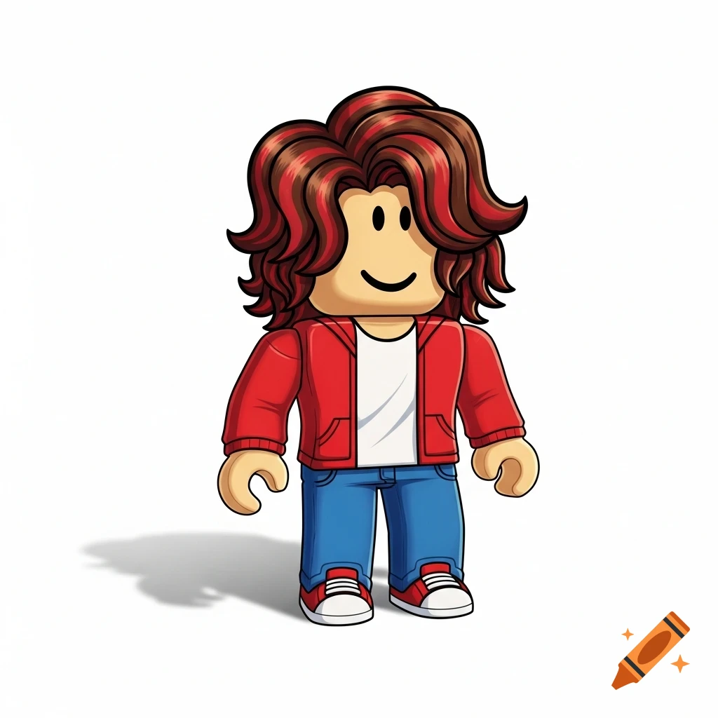 A Roblox-style character with brown and red wavy hair, wearing a red hoodie, white t-shirt, blue jeans, and red sneakers, standing on a white background.