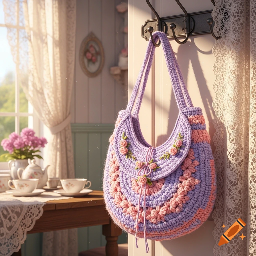 A colorful purple and pink crochet bag with floral details hangs on a hook in a sunlit room with a tea set and lace curtains.