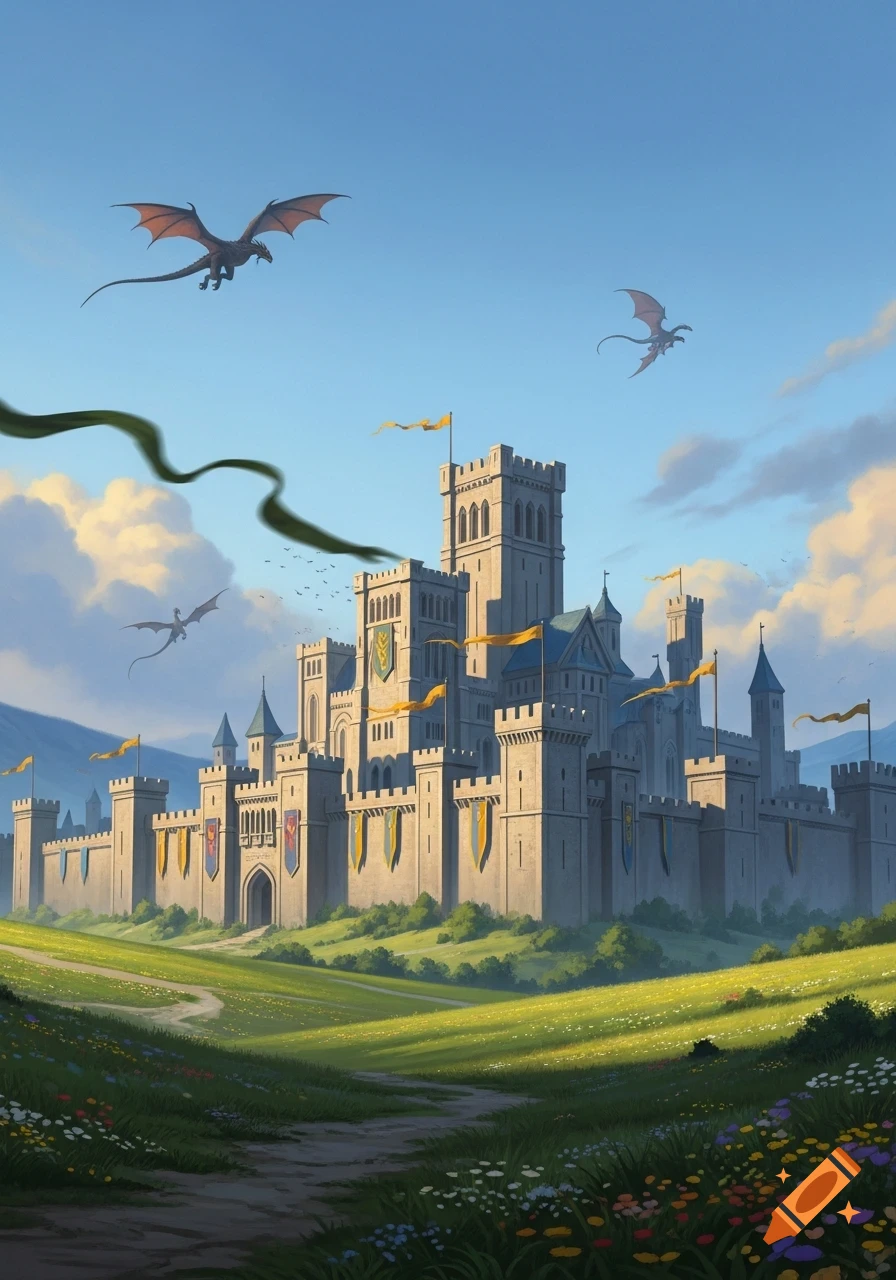 A grand fantasy castle with towers and banners stands on a vibrant green hill. Several dragons fly in the bright blue sky above.