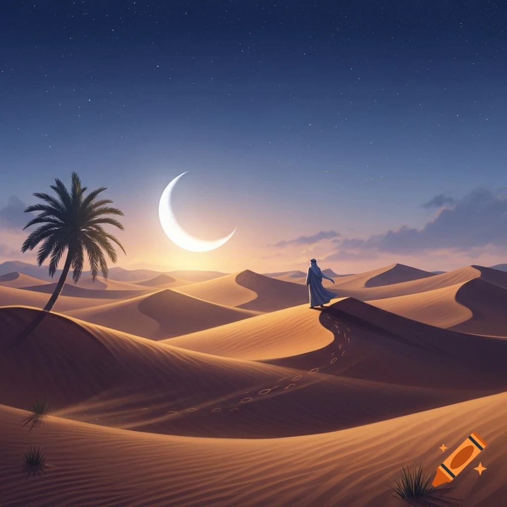 A robed figure stands on a sand dune under a starry night sky with a large crescent moon and a palm tree in a serene desert landscape.