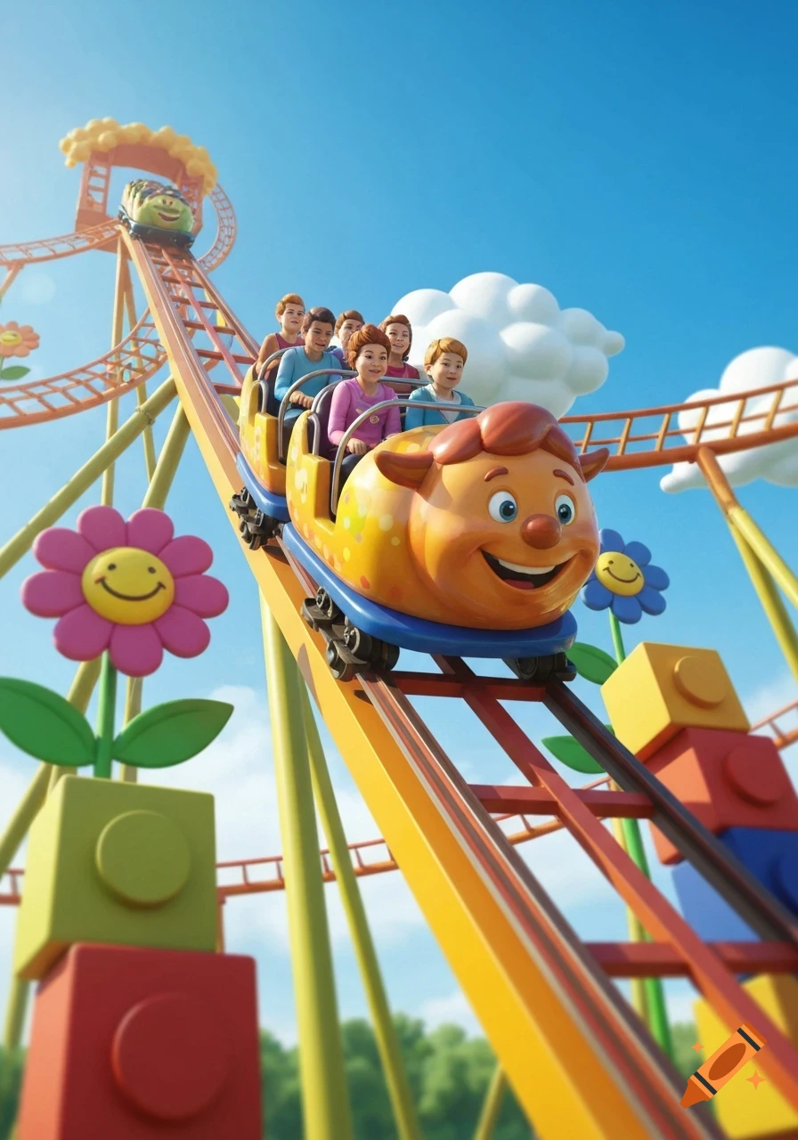 A cheerful cartoon rollercoaster with smiling passengers ascends a track under a bright blue sky, surrounded by colorful flowers and building blocks.