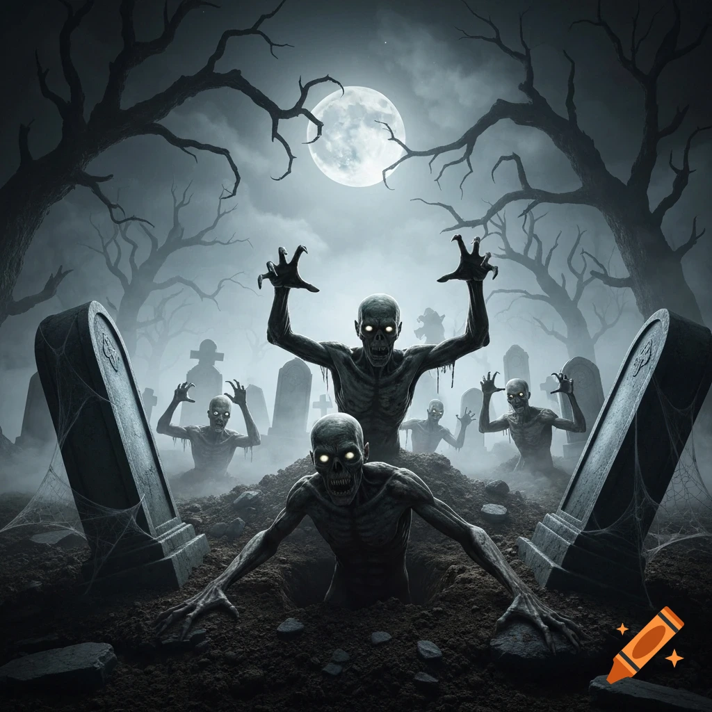 Skeletal ghouls with glowing eyes rise from graves in a foggy, moonlit graveyard with bare trees.
