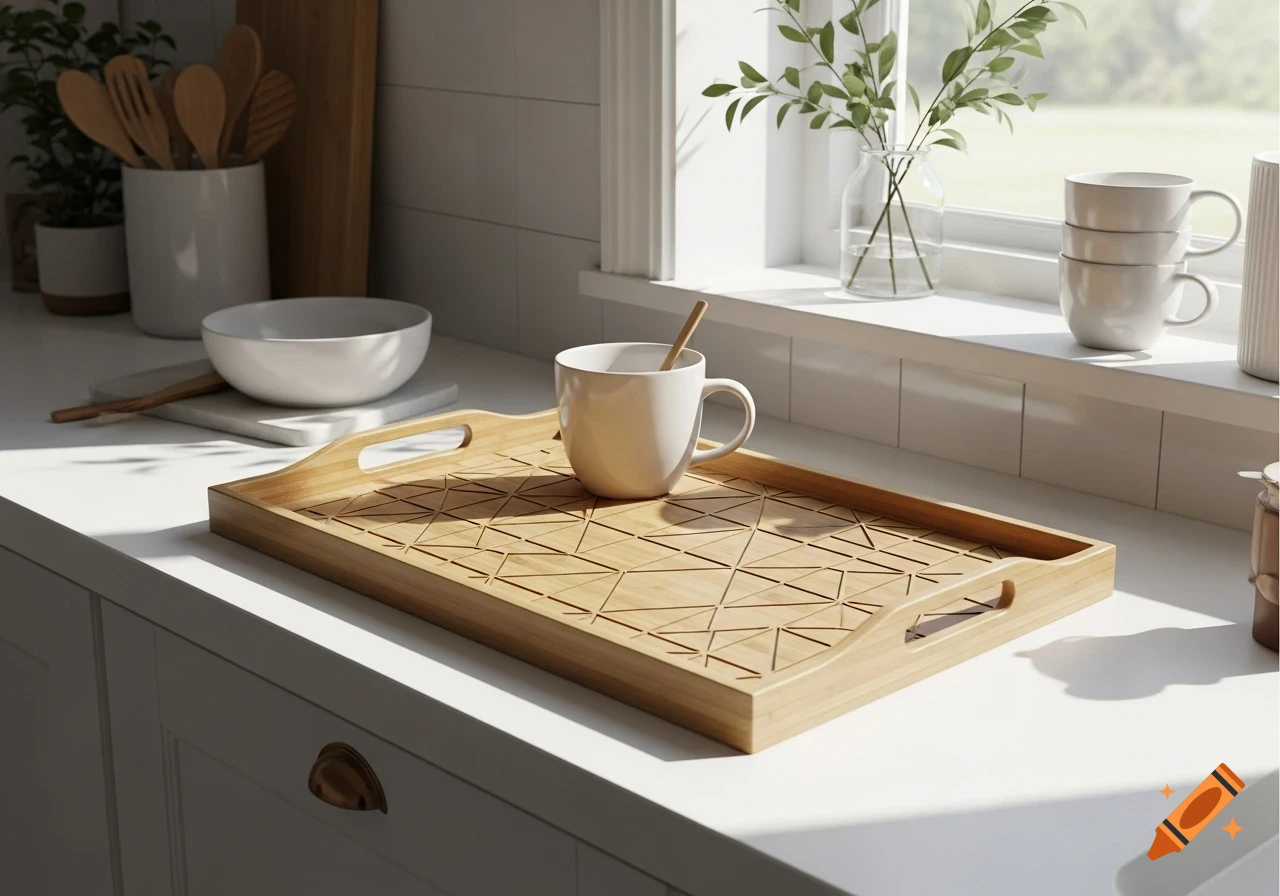 A wooden serving tray with a geometric pattern, a white mug, and other kitchen items on a counter, bathed in sunlight.