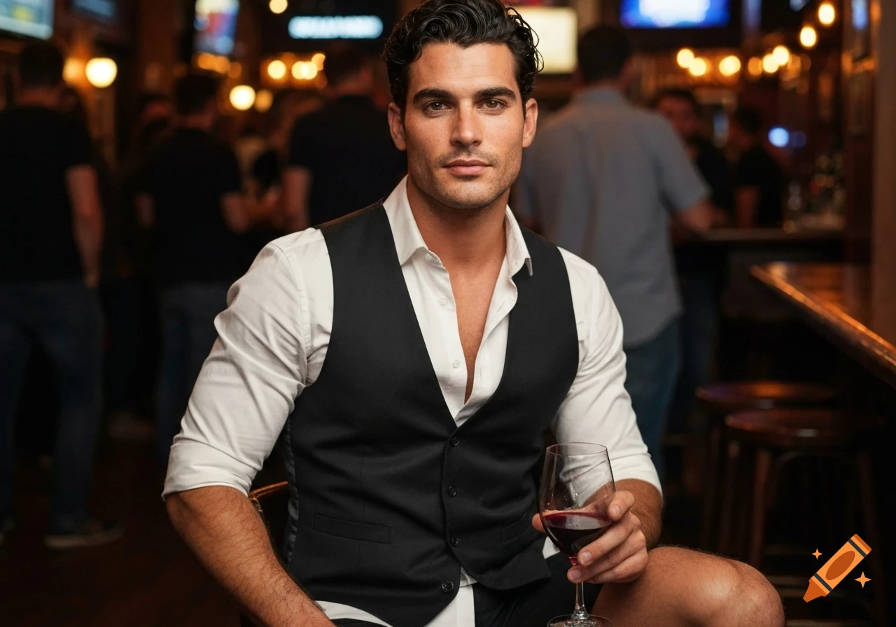 A handsome man in a white shirt and black vest sits at a dimly lit bar ...
