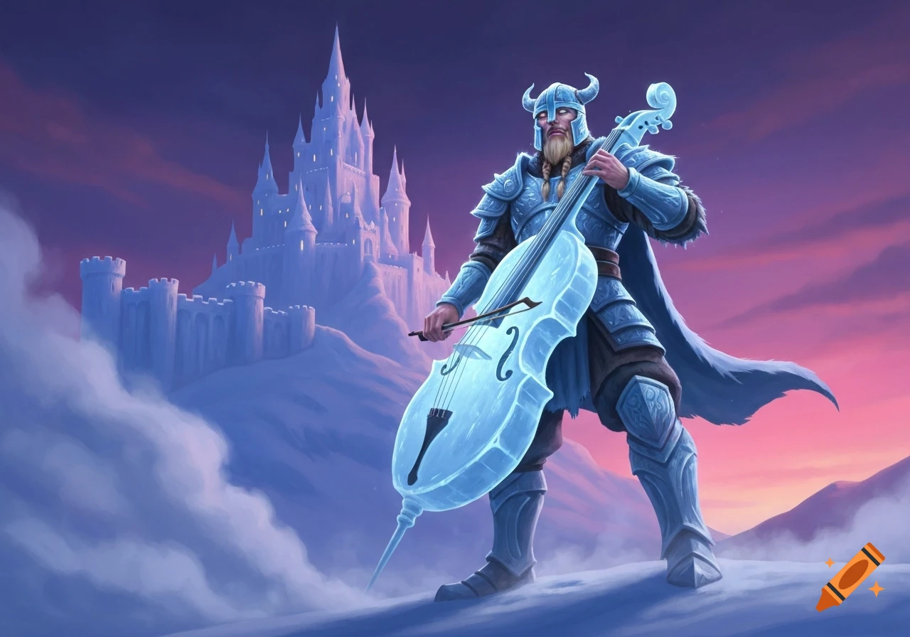 A viking warrior in blue armor plays a glowing ice cello on a snowy hill, with a towering ice castle under a purple and pink sky.