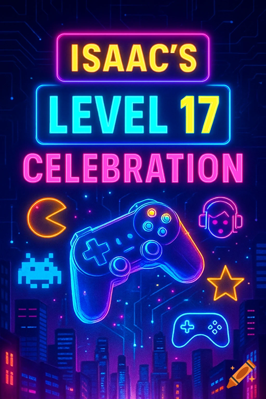 Vibrant neon gamer-themed birthday image for Isaac's Level 17 Celebration, featuring a controller and city skyline.