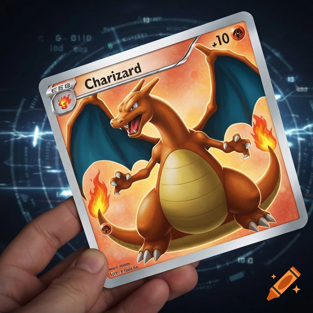 A hand holds a Charizard Pokemon trading card with a fiery background.