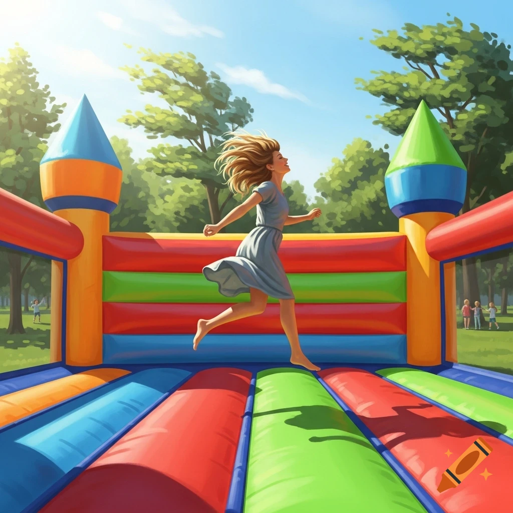 A barefoot woman joyfully jumps on a colorful bouncy castle in a sunny park, rendered in a bright digital art style.