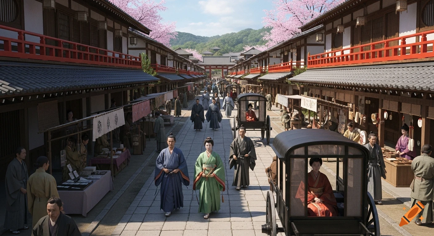 Photorealistic depiction of a bustling street in Heian-kyo, Japan, with traditional wooden buildings, people in kimonos, and ox-drawn carriages under cherry blossoms.