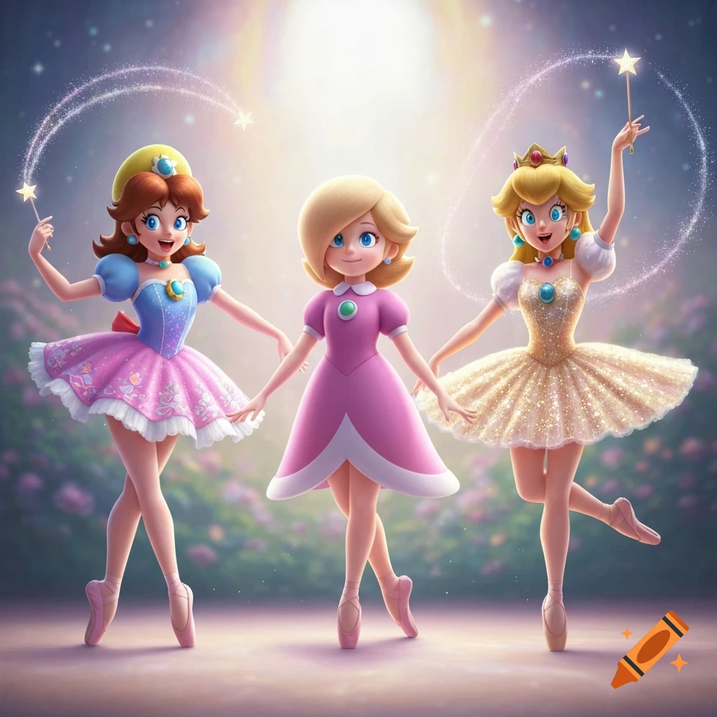 Three animated ballerinas, Princess Daisy, Rosalina, and Princess Peach, pose on pointe in sparkly dresses, holding magic wands amidst a magical background.