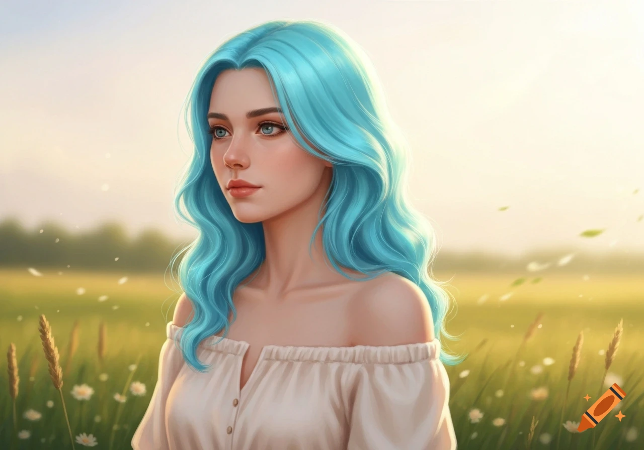 Digital painting of a young woman with long, wavy blue hair and blue eyes, wearing an off-shoulder top in a sunny field.