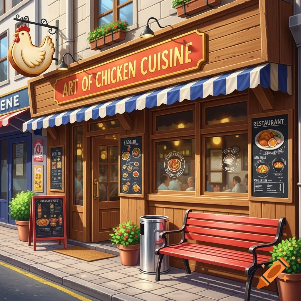 Cartoon illustration of a chicken restaurant on a city street, with a red bench, trashcan, and a chicken sign.