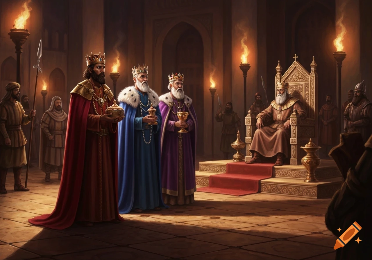 Three kings in rich robes present gifts to a bearded king on a golden throne in a torch-lit hall, painted in a classical style.