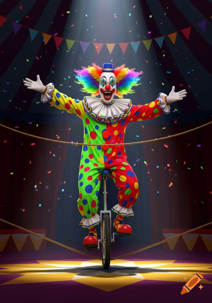 A colorful, smiling clown in a polka-dotted suit rides a unicycle in a spotlight inside a circus tent with confetti falling.